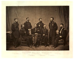 Sherman i jego generałowie [Blair dodał z innego negatywu przed drukiem], 1865 (zdjęcie w sepii)