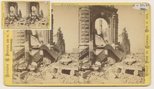 Stereografia Bryan Block w północno-zachodnim rogu ulic Monroe i LaSalle po pożarze Chicago w 1871, 1871 (bw zdjęcie na uchwycie karty) autorstwa George N. Barnard