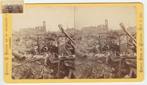 Stereografia ruin Mammoth Store of Field & Leiter po pożarze Chicago w 1871, 1871 (bw zdjęcie na uchwycie karty) autorstwa George N. Barnard