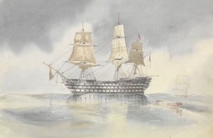 Britannia" przycumowała w spokojnym miejscu, aby przyjąć statek, prawdopodobnie w pobliżu przylądka Carthage, pod banderą kontradmirała Dundasa, 27 kwietnia 1852 r.