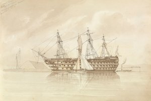 HMS "Trafalgar" u wybrzeży Sheerness, z pokładu "Shannon", 28 grudnia 1850 r.