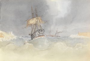 HMS "Trafalgar" wpływający do portu na Malcie po utracie steru po wichurze, 9 lutego 1852 r.