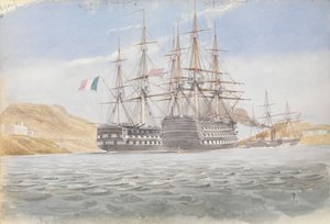 "Charlemagne" i "Trafalgar" opuszczają Port Mahon holowane przez "Firebrand".