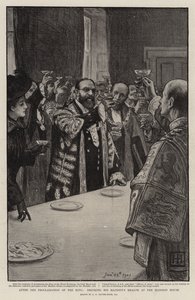 Po proklamacji króla, picie zdrowia Jego Królewskiej Mości w Dworze autorstwa George Percy Jacomb Hood