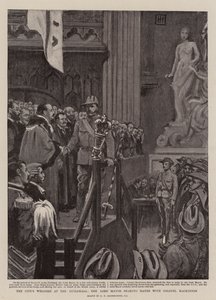 Powitanie miasta w sali gildii, burmistrz uścisk dłoni z pułkownikiem Mackinnonem autorstwa George Percy Jacomb Hood