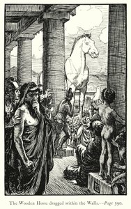 Iliada: Drewniany koń wciągnięty w mury (rycina) autorstwa George Percy Jacomb Hood