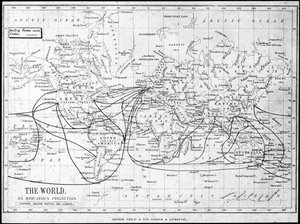 Mapa świata przedstawiająca szlaki żeglarskie i kable telegraficzne, ok. 1893 r.