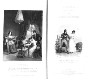Frontyspis i strona tytułowa do „Emmy” Jane Austen, sztychowane przez Williama Greatbacha, wydanie opublikowane w 1833 r.