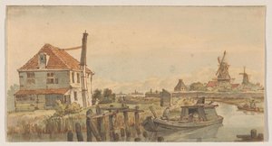 Płyń z łódką, domem i dwoma wiatrakami autorstwa George Pieter Westenberg