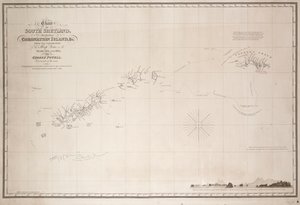 Mapa Szetlandów Południowych, w tym Wyspy Koronacyjnej, z eksploracji statku Dove w latach 1821 i 1822 przez George