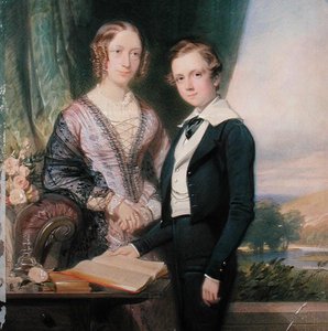 Portret nieznanego młodego mężczyzny stojącego przy matce (akwarela na papierze) autorstwa George Richmond