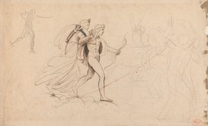 Apollo, Diana i Jeździec w sztuce „Śmierć dzieci Niobe” autorstwa George Romney