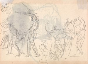Studium kompozycji figuralnej: mężczyźni odpierający atak na swoje rodziny autorstwa George Romney