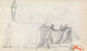 Scena grupowa i dwa szkice przedstawiające stojącą postać autorstwa George Romney