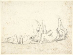 Grupa cierpiących postaci na ziemi  (szkic do obrazu „Howard odwiedzający więzienia”) autorstwa George Romney