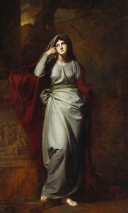 Il Penseroso, czyli Melancholia: postać kobieca, w pełnej długości, ubrana w jasnozielone szaty, stojąca w krajobrazie, opierająca lewe łokieć na postumencie z klasycznym fryzem, autorstwa George Romney