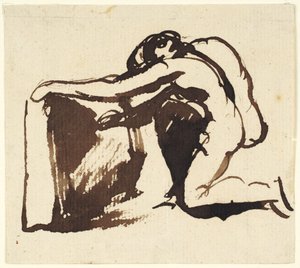 Klęcząca naga postać pisząca na dużej tablicy autorstwa George Romney