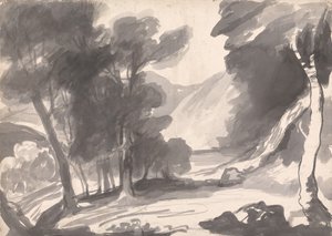 Studium pejzażu: zagajnik, jezioro i góry autorstwa George Romney