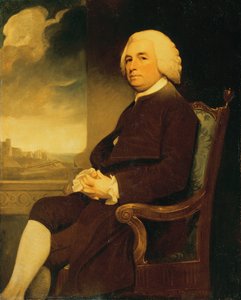 Portret Michaela Russella, siedzącego, z zamkiem Dover za nim (olej na płótnie) autorstwa George Romney