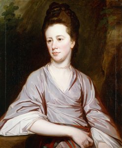 Portret panny Joan Knatchbull, siedzącej do połowy długości, w fioletowej sukience i perłowym naszyjniku, autorstwa George Romney
