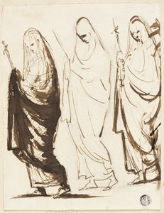 Procesja trzech udrapowanych kobiet trzymających krzyże lub berła autorstwa George Romney