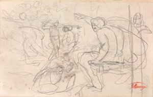 Siedząca postać wydająca wyrok na klęczącą postać autorstwa George Romney