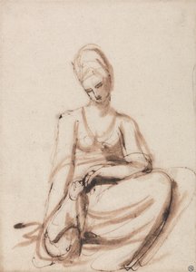 Siedząca kobieta karmiąca zwierzę autorstwa George Romney