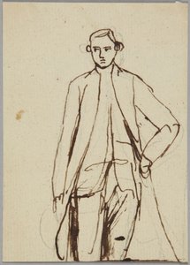 Sąca postać mężczyzny, z lewą ręką opartą o biodro, studium portretowe autorstwa George Romney