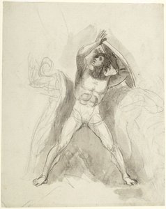 Sący nagi mężczyzna z tarczą autorstwa George Romney