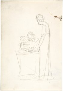 Studium dwóch postaci: jedna siedząca, druga stojąca (recto). Studium głowy patrzącej w górę (verso) autorstwa George Romney