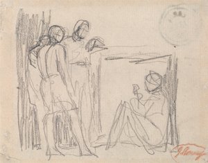 Trzy stojące postacie przed siedzącą postacią autorstwa George Romney