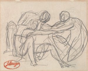 Dwie klęczące postacie zmagające się z postacią siedzącą autorstwa George Romney