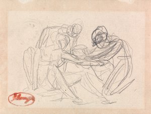Dwie klęczące postacie przed siedzącą postacią autorstwa George Romney