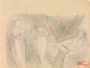 Dwie kobiety i siedzący mężczyzna autorstwa George Romney