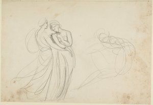 Dwie postacie kobiece przed siedzącą postacią, szkic do obrazu „Dwie dziewczyny u wróżki” autorstwa George Romney