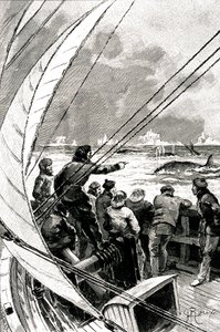 Na morzu w kierunku bieguna: załoga statku (żaglówki) widzi grupę wielorybów. Ilustracja do powieści Julesa Verne