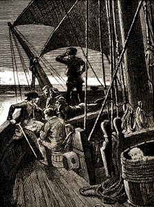Jim Hawkins podsłuchuje rozmowę ujawniającą bunt piratów autorstwa George Roux