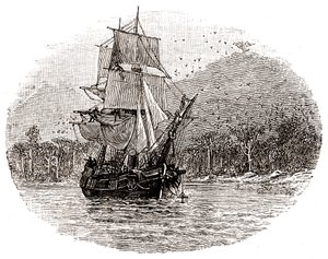 Hispaniola zarzuca kotwicę u wybrzeży wyspy autorstwa George Roux
