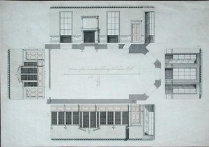 Fragment planowanej biblioteki w Cobham Hall, Kent (pióro i tusz z kolorową farbą na papierze) autorstwa George Shakespeare