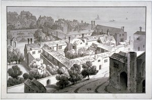 Widok z lotu ptaka na pałac biskupa Winchester, Southwark, Londyn, ok. 1820 r. autorstwa George Shepherd