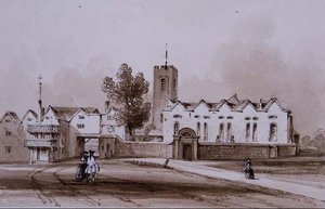 Highgate School and Chapel, ok. 1840 (rysunek wash w sepii) autorstwa George Sidney Shepherd