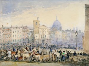 Widok na targ Smithfield z postaciami i zwierzętami, City of London, 1824.