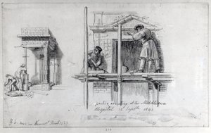 Wznoszenie portyków w Newham Street i Middlesex Hospital, Londyn, 1833 i 1840 autorstwa George Snr Scharf