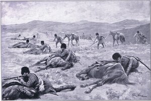 Kozak i jego koń: urządzenie do zabezpieczania osłony podczas potyczki, ilustracja z Cassells History of the rosyjsko-japońskiej wojny t. 1, ok. 1900 autorstwa George Soper