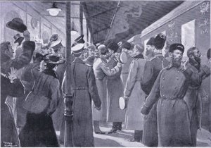 Car żegnający się z oficerami gwardii cesarskiej, ilustracja z Historii wojny rosyjsko-japońskiej w Cassells t. 1, ok. 1900 autorstwa George Soper
