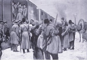 Wyjazd wojsk rosyjskich na Daleki Wschód, ilustracja z Cassells History of the rosyjsko-japońskiej wojny t. 1, ok. 1900 autorstwa George Soper