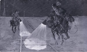 Na kolei mandżurskiej: Nocny patrol, ilustracja z Historii wojny rosyjsko-japońskiej Cassells, t. 1, ok. 1900 autorstwa George Soper