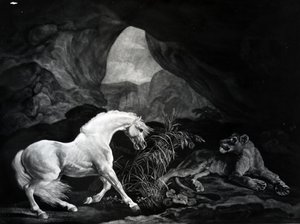 Koń spłoszony przez lwicę, grawerowany przez Benjamina Greena, 1774