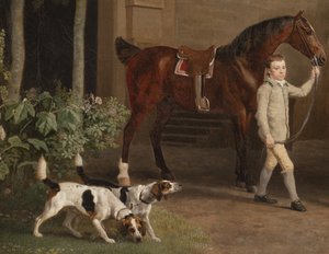 Szczegół: William Henry Cavendish Bentinck, 3. książę Portland przed stajniami jeździeckimi opactwa Welbeck, 1766-7 autorstwa George Stubbs