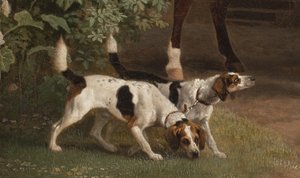Szczegół: William Henry Cavendish Bentinck, 3. książę Portland przed stajniami jeździeckimi opactwa Welbeck, 1766-7 autorstwa George Stubbs